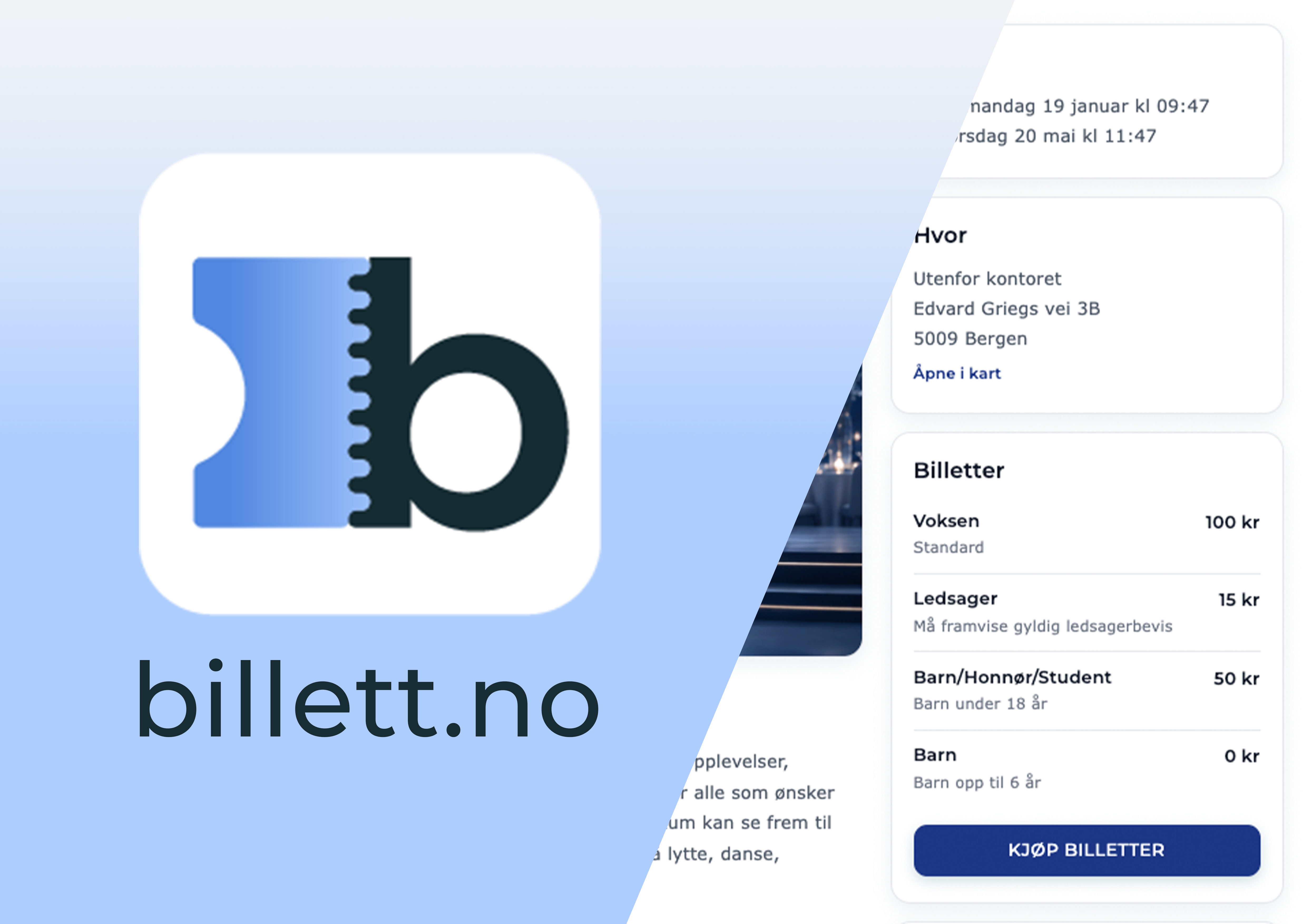 Billett.no Bildegrafikk som viser logo og utsnitt av Billett.no sin nettside, profesjonell layout og kjølige farger